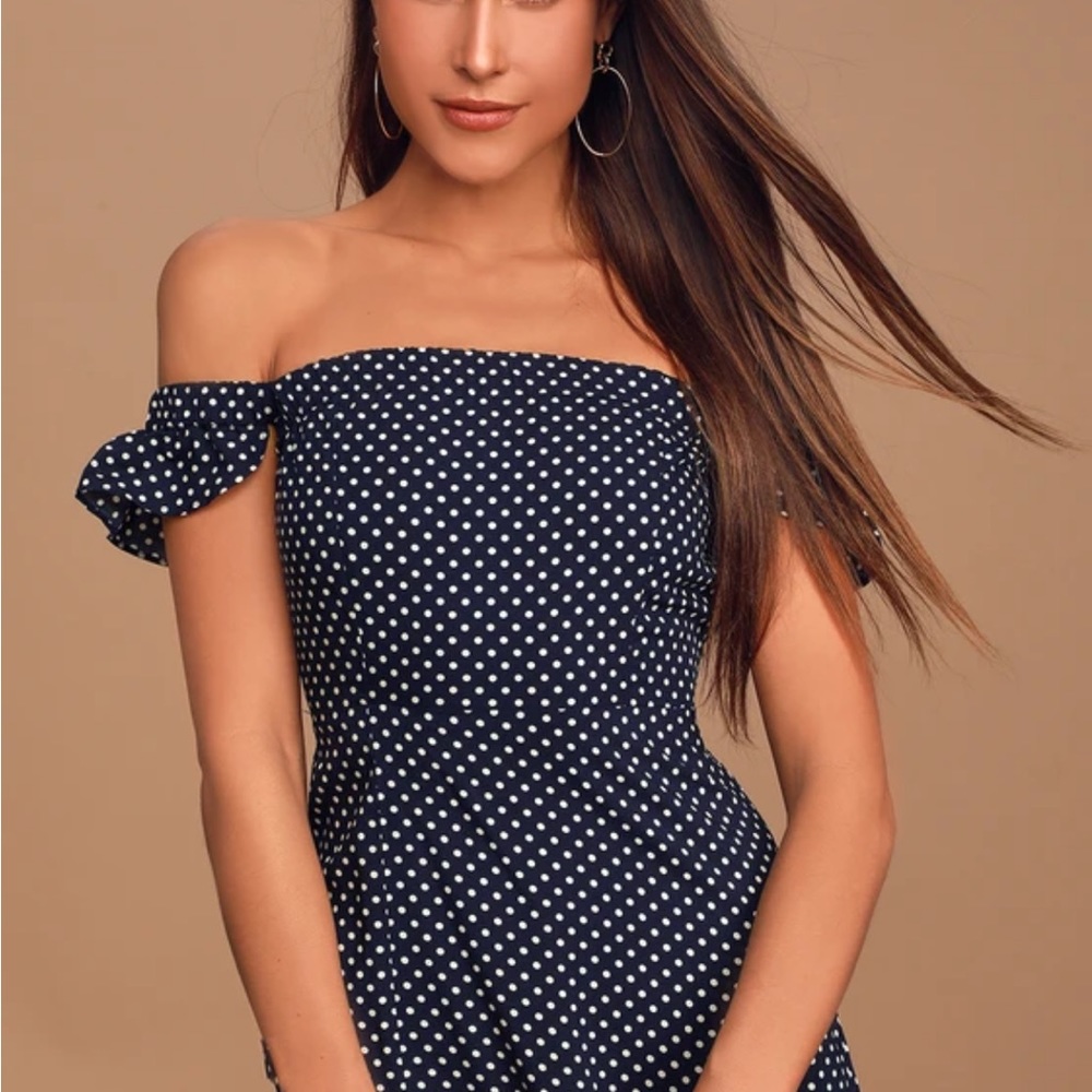 Lulus Dream Love Navy Blue Polka Dot Off-the-Shoulder Maxi Dress - Picture 3 of 10
